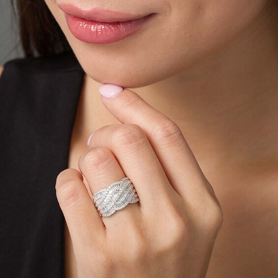 Previously Owned - 1 CT. T.w. Baguette and Round Diamond Multi-Row Wave Anniversary Ring in 10K White Gold