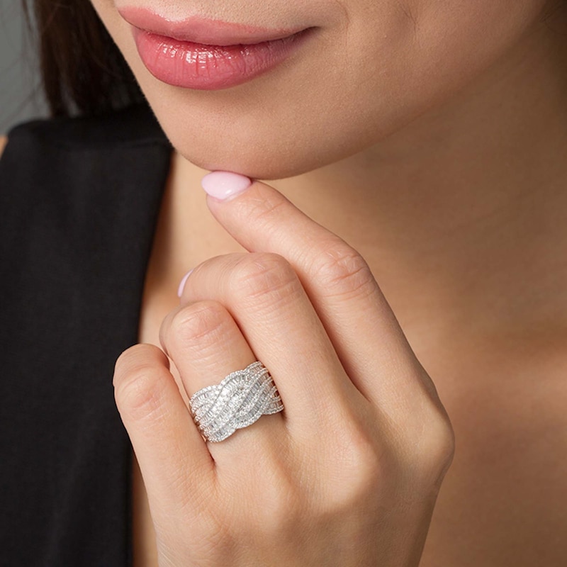 Main Image 2 of Previously Owned - 1 CT. T.W. Baguette and Round Diamond Multi-Row Wave Anniversary Ring in 10K White Gold