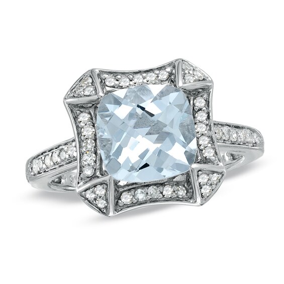 Previously Owned - 8.0mm Cushion-Cut Aquamarine and 1/4 CT. T.w. Diamond Frame Ring in Sterling Silver
