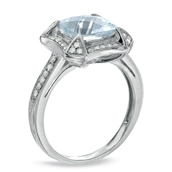 Previously Owned - 8.0mm Cushion-Cut Aquamarine and 1/4 CT. T.w. Diamond Frame Ring in Sterling Silver
