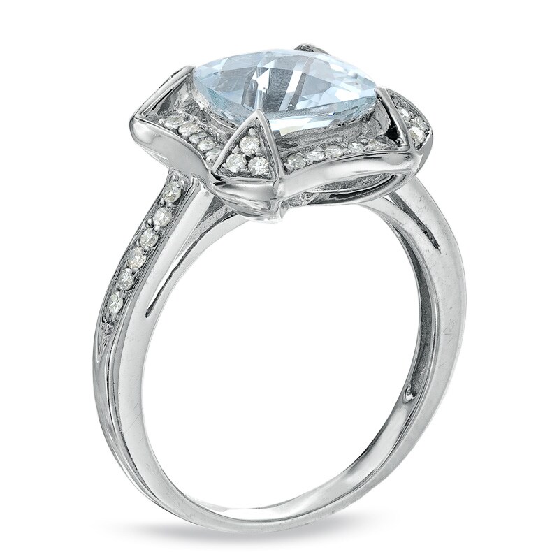 Main Image 2 of Previously Owned - 8.0mm Cushion-Cut Aquamarine and 1/4 CT. T.W. Diamond Frame Ring in Sterling Silver