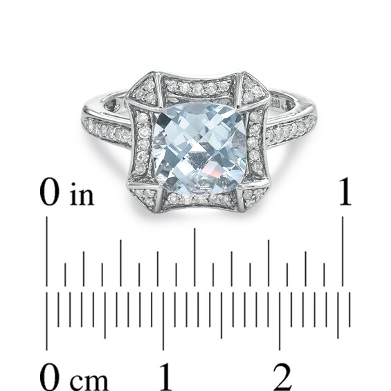 Previously Owned - 8.0mm Cushion-Cut Aquamarine and 1/4 CT. T.w. Diamond Frame Ring in Sterling Silver