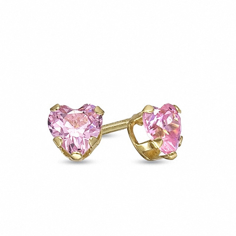 Main Image 1 of Previously Owned - Child's 4.0mm Heart-Shaped Pink Crystal Stud Earrings in 14K Gold
