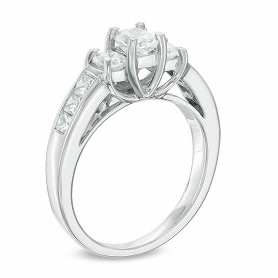 Previously Owned - 1-1/2 CT. T.w. Radiant-Cut Diamond Three-Stone Engagement Ring in 14K White Gold
