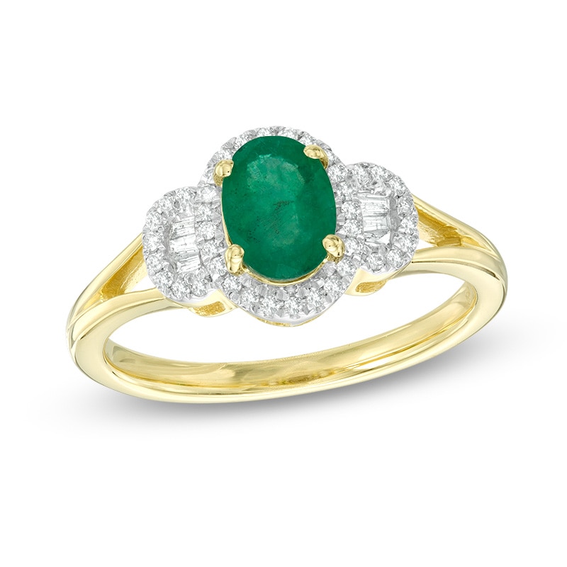 Main Image 1 of Previously Owned - Oval Emerald and 1/6 CT. T.W. Diamond Three Stone Collar Ring in 10K Gold