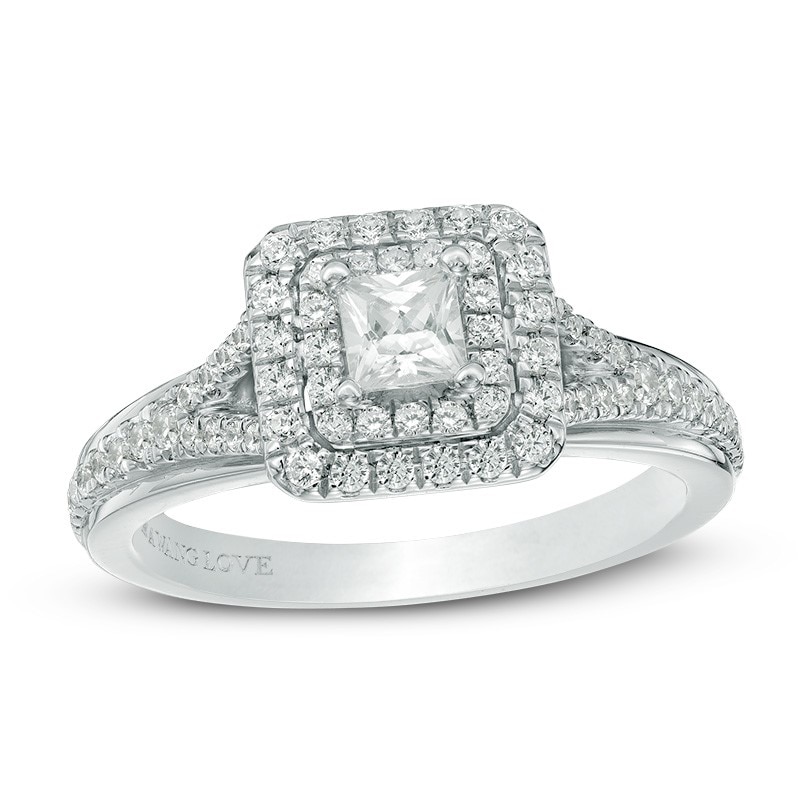 Main Image 1 of Previously Owned - Vera Wang Love Collection 5/8 CT. T.W. Princess-Cut Diamond Frame Engagement Ring in 14K White Gold