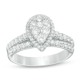 Previously Owned - 1 CT. T.W. Pear-Shaped Multi-Diamond Frame Bridal Set in 14K White Gold