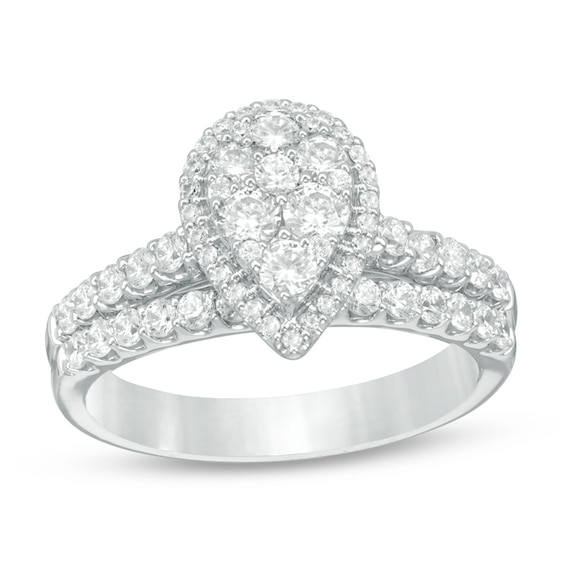 Previously Owned - 1 CT. T.w. Pear-Shaped Multi-Diamond Frame Bridal Set in 14K White Gold