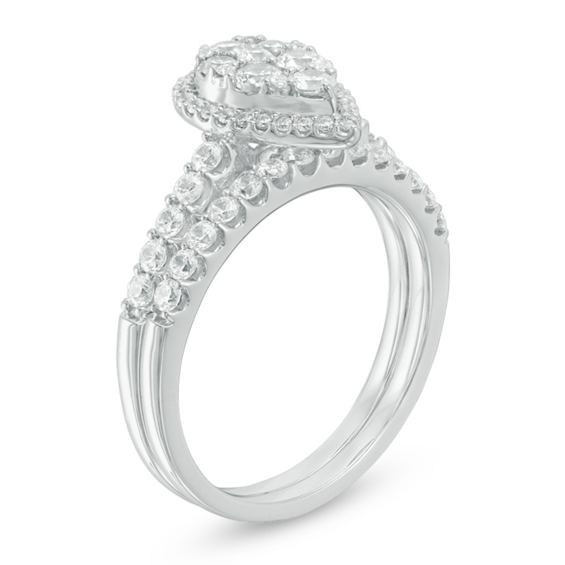 Main Image 2 of Previously Owned - 1 CT. T.W. Pear-Shaped Multi-Diamond Frame Bridal Set in 14K White Gold