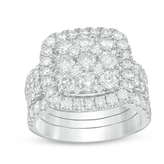 Previously Owned - 3-1/2 CT. T.w. Composite Diamond Cushion Frame Three Piece Bridal Set in 14K White Gold