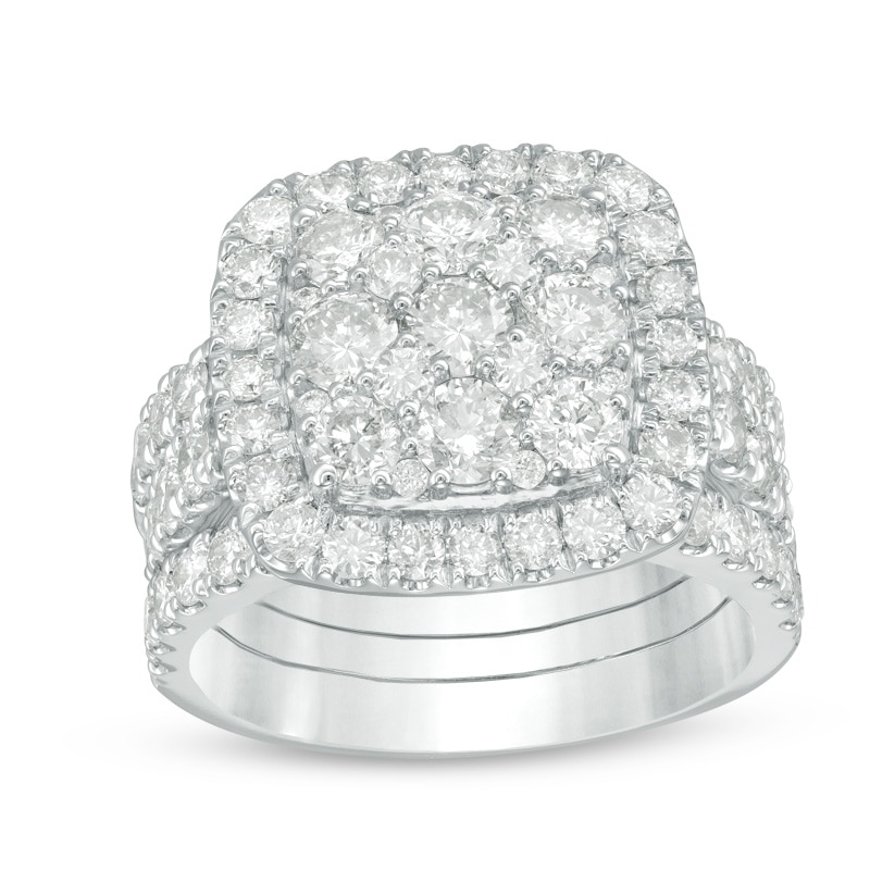 Main Image 1 of Previously Owned - 3-1/2 CT. T.W. Composite Diamond Cushion Frame Three Piece Bridal Set in 14K White Gold