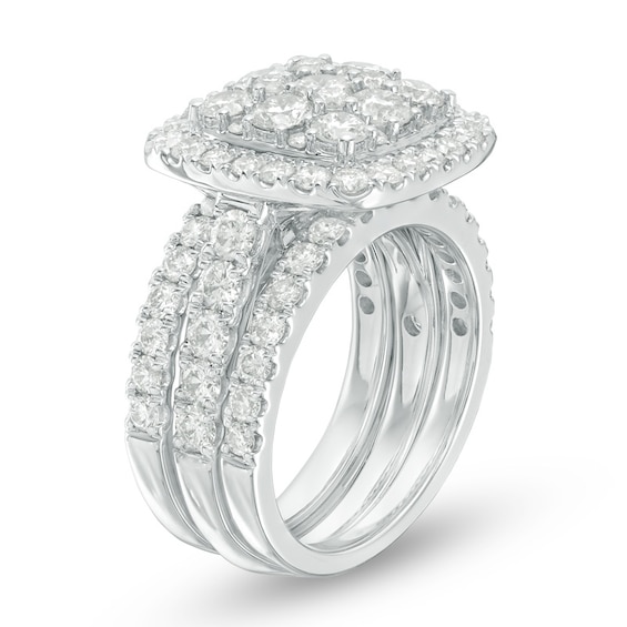 Previously Owned - 3-1/2 CT. T.w. Composite Diamond Cushion Frame Three Piece Bridal Set in 14K White Gold