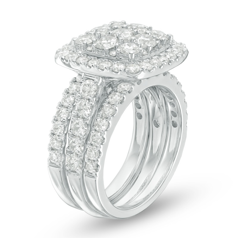 Main Image 2 of Previously Owned - 3-1/2 CT. T.W. Composite Diamond Cushion Frame Three Piece Bridal Set in 14K White Gold