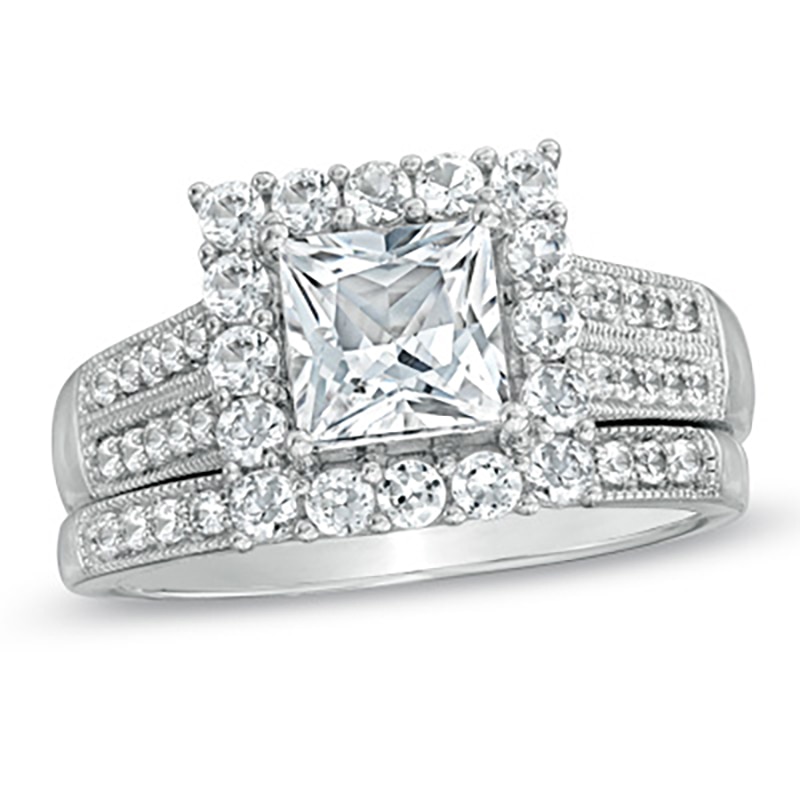 Main Image 1 of Previously Owned - 6.0mm Princess-Cut Lab-Created White Sapphire Fashion Ring Set in Sterling Silver