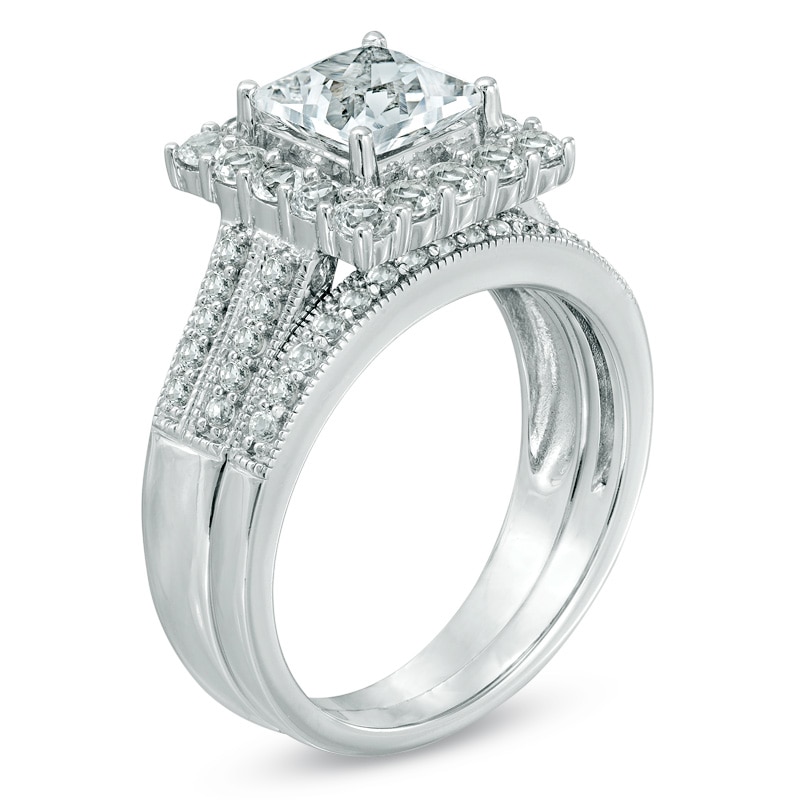 Main Image 2 of Previously Owned - 6.0mm Princess-Cut Lab-Created White Sapphire Fashion Ring Set in Sterling Silver