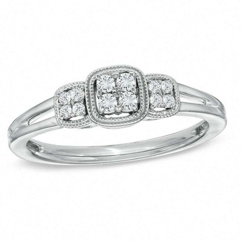 Main Image 1 of Previously Owned - Cherished Promise Collection™ 1/8 CT. T.W. Diamond Three Stone Cluster Ring in Sterling Silver