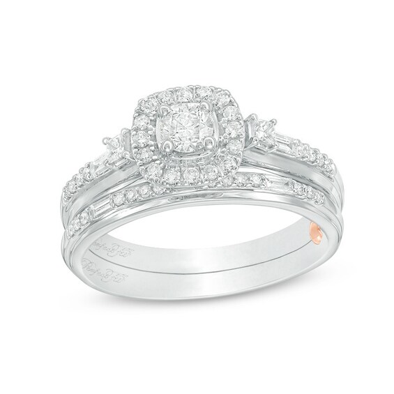 Previously Owned - Perfect Fit 5/8 CT. T.w. Diamond Cushion Frame Interlocking Bridal Set in 10K White Gold