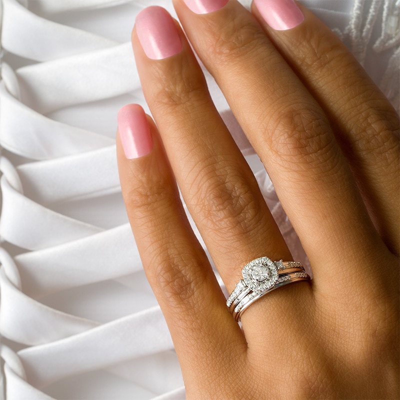 Main Image 3 of Previously Owned - Perfect Fit 5/8 CT. T.W. Diamond Cushion Frame Interlocking Bridal Set in 10K White Gold