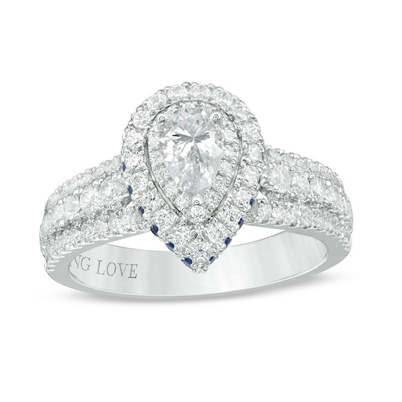 Previously Owned - Vera Wang Love Collection 1 CT. T.w. Pear-Shaped Diamond and Sapphire Ring in 14K White Gold