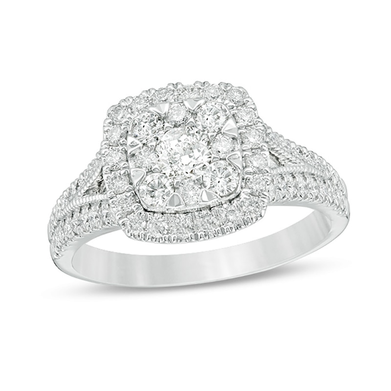Main Image 1 of Previously Owned - 1 CT. T.W. Diamond Double Cushion Frame Vintage-Style Engagement Ring in 14K White Gold