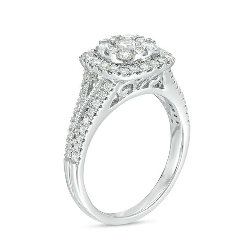 Main Image 2 of Previously Owned - 1 CT. T.W. Diamond Double Cushion Frame Vintage-Style Engagement Ring in 14K White Gold