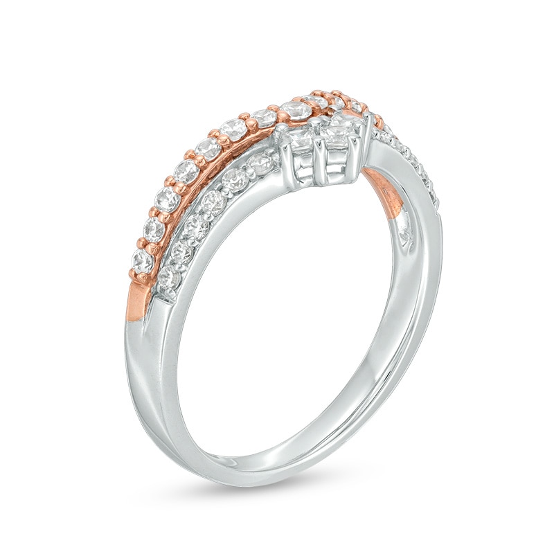 Main Image 2 of Previously Owned - 1/2 CT. T.W. Princess-Cut and Round Diamond Double Chevron Anniversary Band in 14K Two-Tone Gold