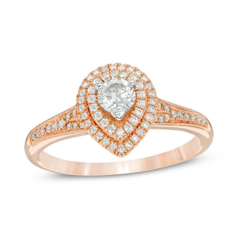 Previously Owned - 1/2 CT. T.W. Diamond Double Pear-Shaped Frame Vintage-Style Engagement Ring in 14K Rose Gold