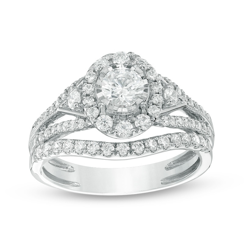 Main Image 1 of Previously Owned - 1 CT. T.W. Diamond Frame Tri-Sides Split Shank Bridal Set in 14K White Gold