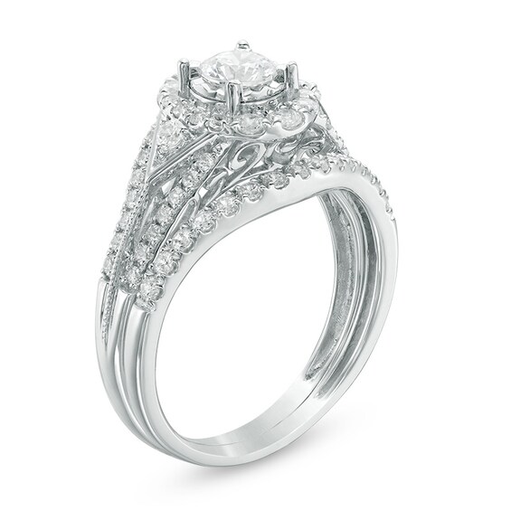 Previously Owned - 1 CT. T.w. Diamond Frame Tri-Sides Split Shank Bridal Set in 14K White Gold