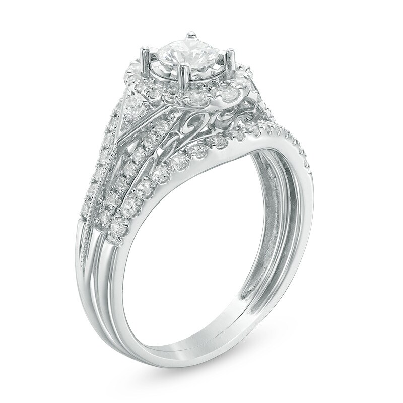 Main Image 2 of Previously Owned - 1 CT. T.W. Diamond Frame Tri-Sides Split Shank Bridal Set in 14K White Gold