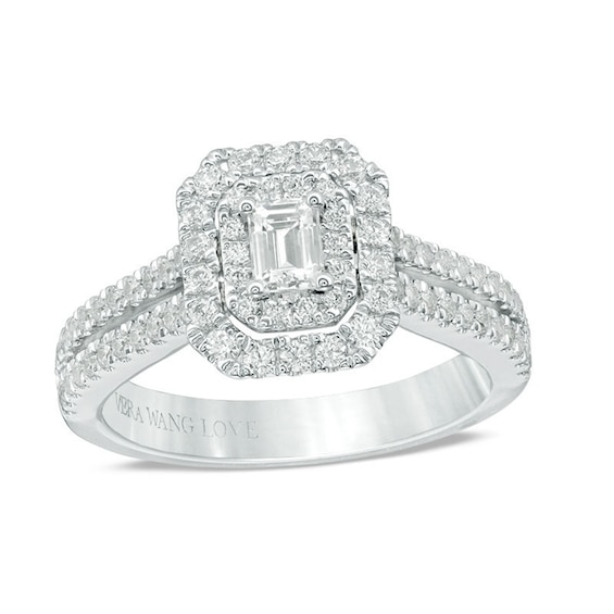 Previously Owned - Vera Wang Love Collection 1 CT. T.w. Emerald-Cut Diamond Frame Engagement Ring in 14K White Gold