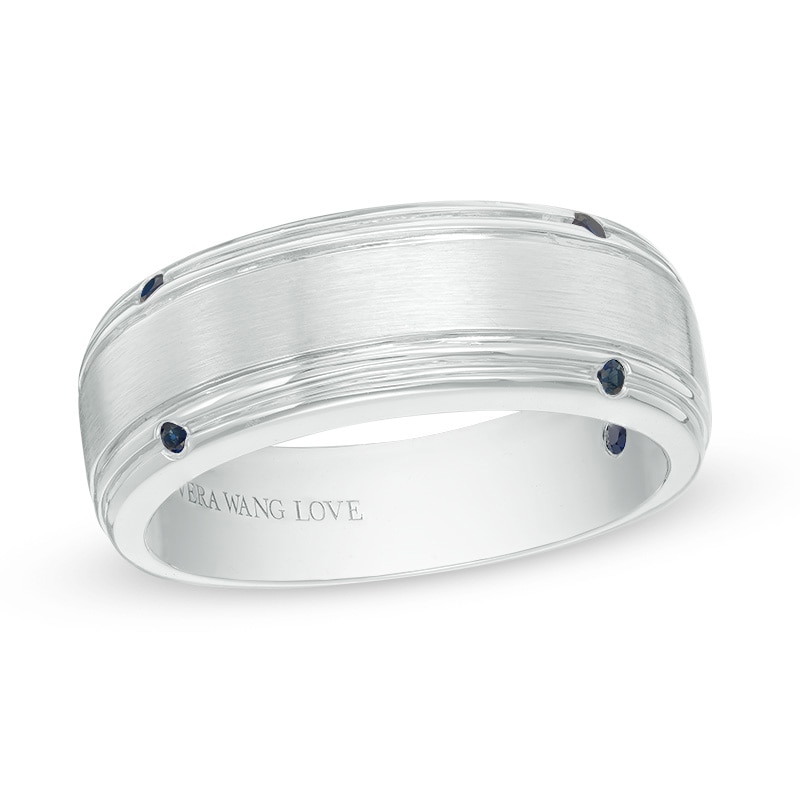 Main Image 1 of Previously Owned - Vera Wang Love Collection Men's Blue Sapphire Four Stone Wedding Band in 14K White Gold