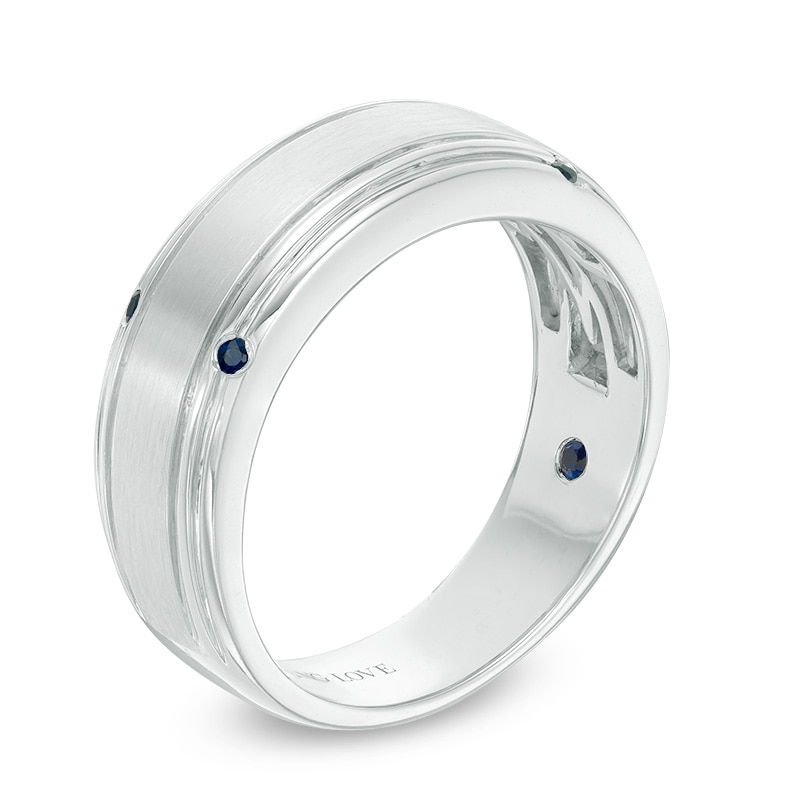 Main Image 2 of Previously Owned - Vera Wang Love Collection Men's Blue Sapphire Four Stone Wedding Band in 14K White Gold