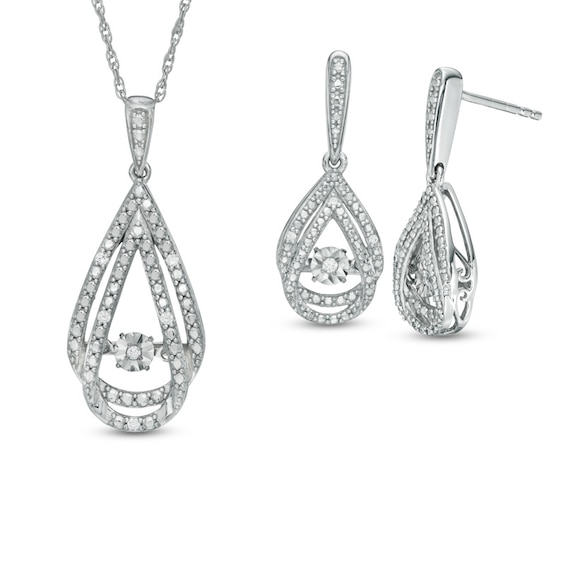 Previously Owned - 1/10 CT. T.w. Diamond Accent Teardrop Pendant and Earrings Set in Sterling Silver