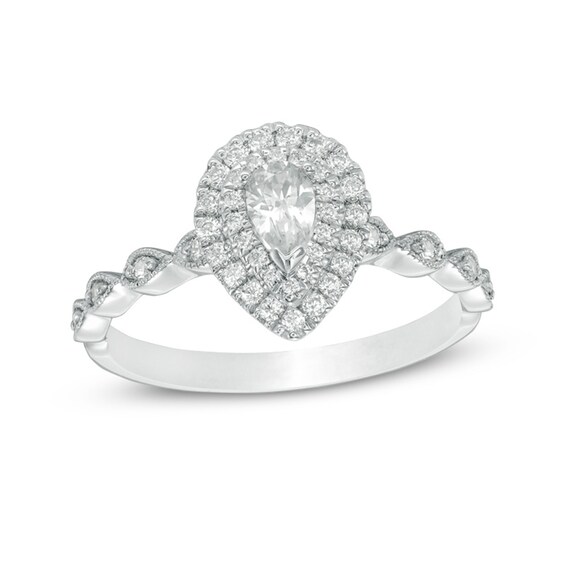 Previously Owned - 1/2 CT. T.w. Pear-Shaped Diamond Double Frame Vintage-Style Engagement Ring in 14K White Gold
