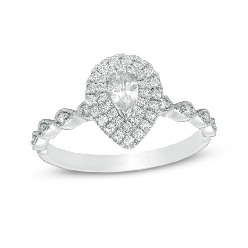 Main Image 1 of Previously Owned - 1/2 CT. T.W. Pear-Shaped Diamond Double Frame Vintage-Style Engagement Ring in 14K White Gold