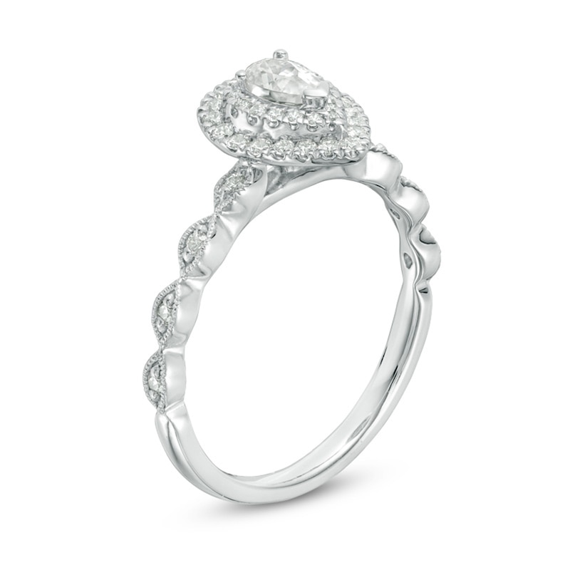 Main Image 2 of Previously Owned - 1/2 CT. T.W. Pear-Shaped Diamond Double Frame Vintage-Style Engagement Ring in 14K White Gold