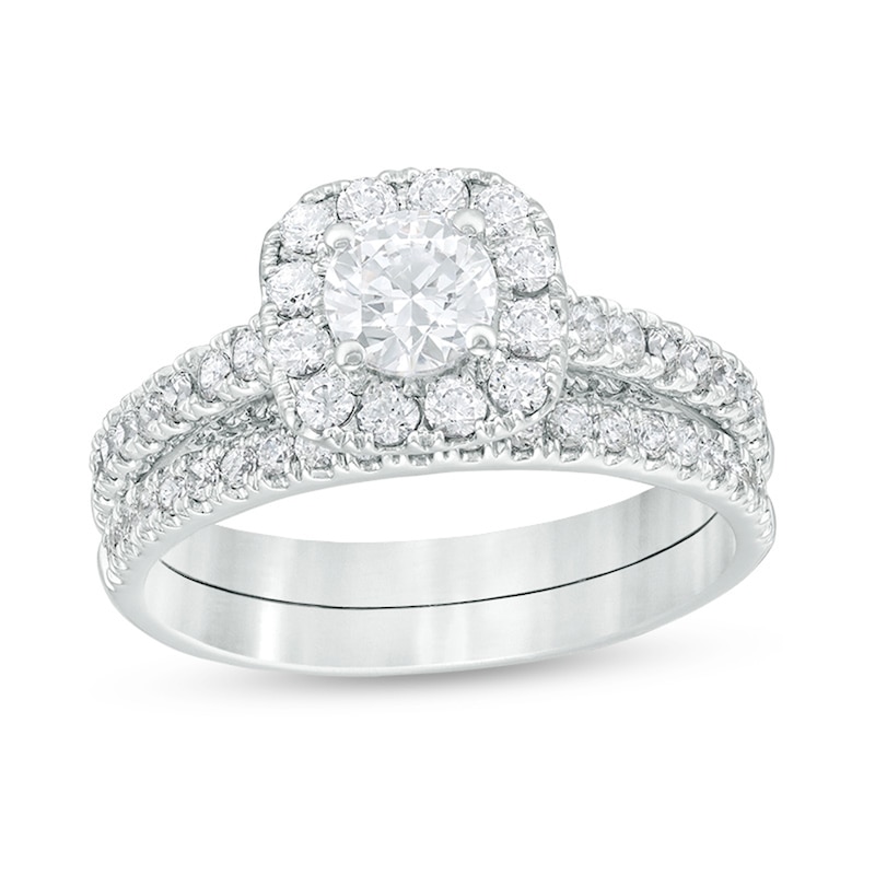Main Image 1 of Previously Owned - 1-3/8 CT. T.W. Diamond Cushion Frame Bridal Set in 14K White Gold