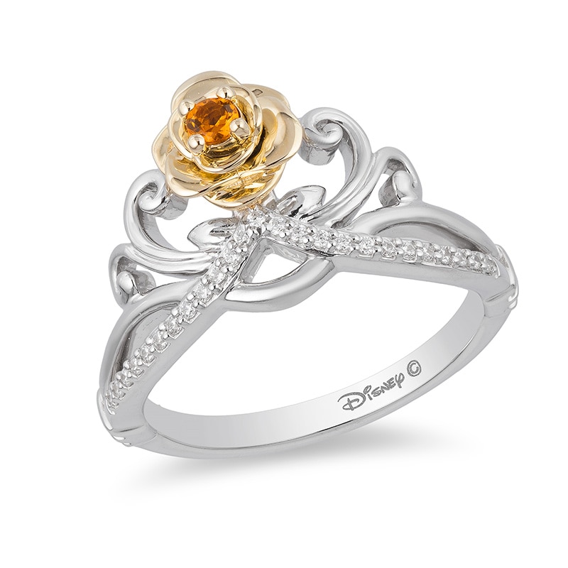 Previously Owned - Enchanted Disney Belle Citrine and 1/10 CT. T.W. Diamond Rose Ring in Sterling Silver and 10K Gold