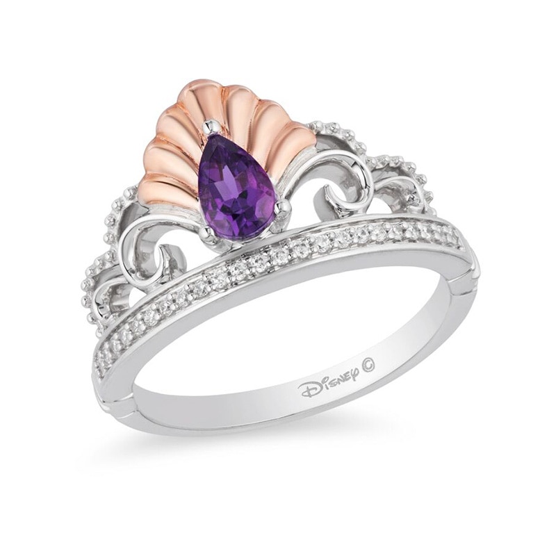 Main Image 1 of Previously Owned - Enchanted Disney Ariel Amethyst and 1/10 CT. T.W. Diamond Ring in Sterling Silver and 10K Rose Gold