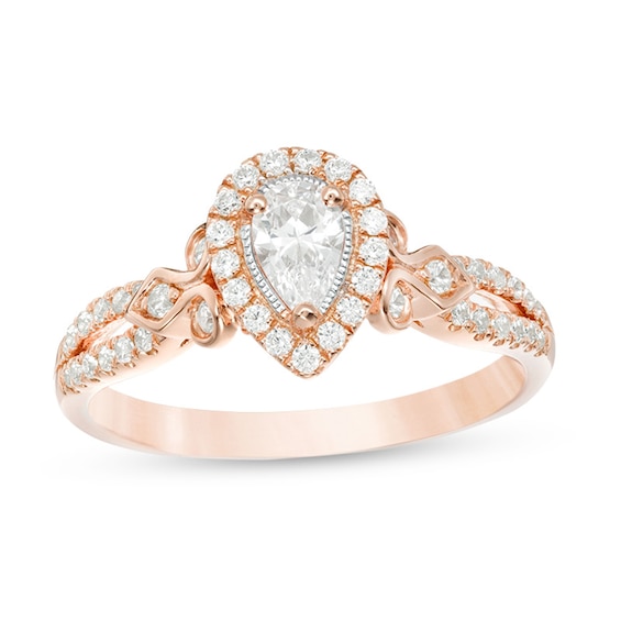 Previously Owned - 1/2 CT. T.w. Pear-Shaped Diamond Frame Tri-Sides Vintage-Style Engagement Ring in 14K Rose Gold