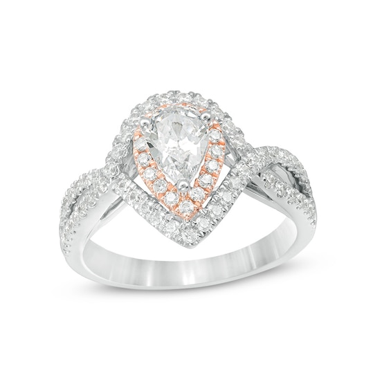 Previously Owned - 1 CT. T.w. Pear-Shaped Diamond Double Frame Crossover Engagement Ring in 14K Two-Tone Gold