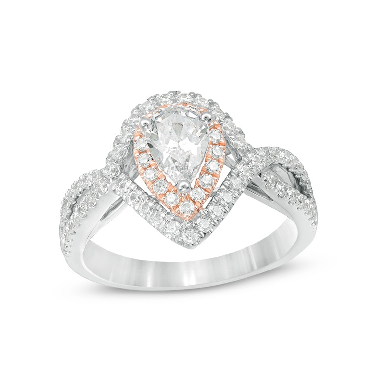 Main Image 1 of Previously Owned - 1 CT. T.W. Pear-Shaped Diamond Double Frame Crossover Engagement Ring in 14K Two-Tone Gold