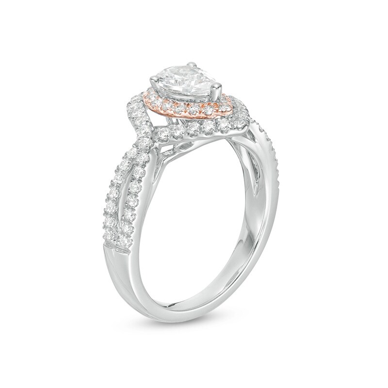 Main Image 2 of Previously Owned - 1 CT. T.W. Pear-Shaped Diamond Double Frame Crossover Engagement Ring in 14K Two-Tone Gold