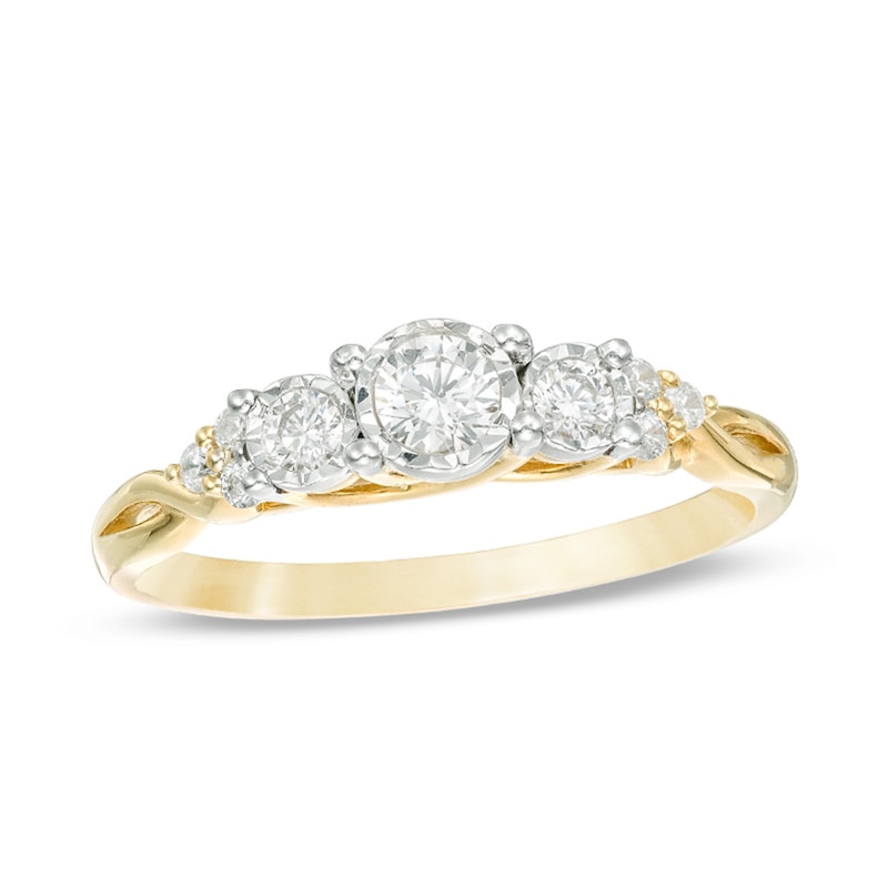 Main Image 1 of Previously Owned - 1/3 CT. T.W. Diamond Past Present Future® Tri-Sides Twist Shank Engagement Ring in 10K Gold