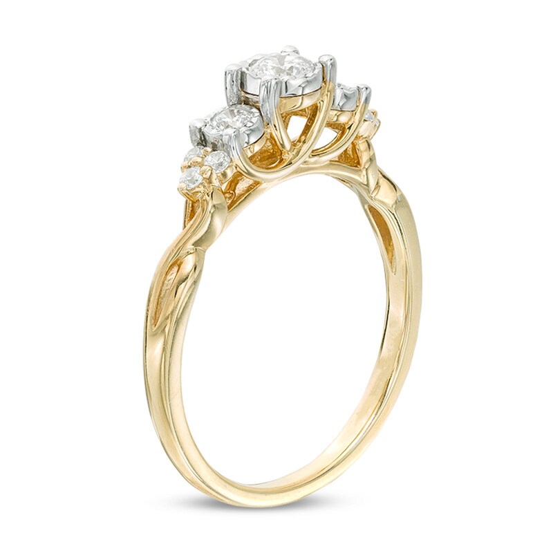 Main Image 2 of Previously Owned - 1/3 CT. T.W. Diamond Past Present Future® Tri-Sides Twist Shank Engagement Ring in 10K Gold