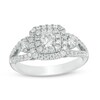 Thumbnail Image 1 of Previously Owned - 1 CT. T.W. Diamond Past Present Future® Double Cushion Frame Engagement Ring in 14K Two-Tone Gold