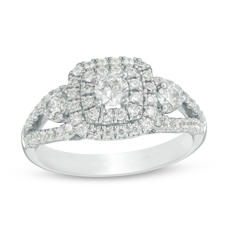 Main Image 1 of Previously Owned - 1 CT. T.W. Diamond Past Present Future® Double Cushion Frame Engagement Ring in 14K Two-Tone Gold