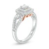 Thumbnail Image 2 of Previously Owned - 1 CT. T.W. Diamond Past Present Future® Double Cushion Frame Engagement Ring in 14K Two-Tone Gold