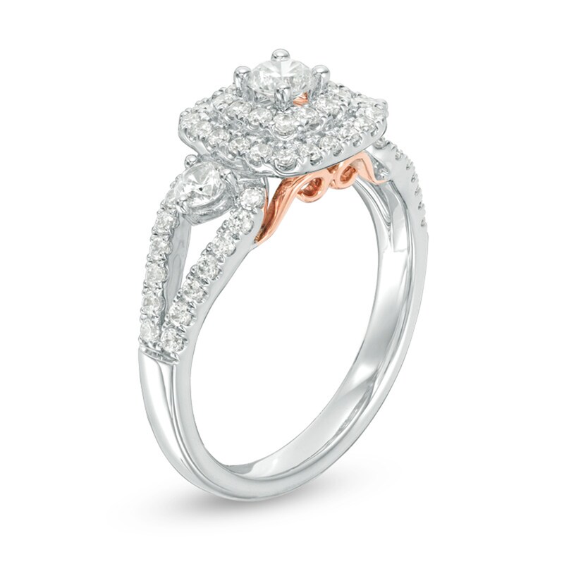 Main Image 2 of Previously Owned - 1 CT. T.W. Diamond Past Present Future® Double Cushion Frame Engagement Ring in 14K Two-Tone Gold